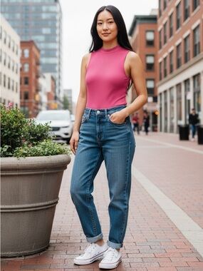 Sleeveless Ribbed Hot Pink Bodysuit - Fitted Crew Neck